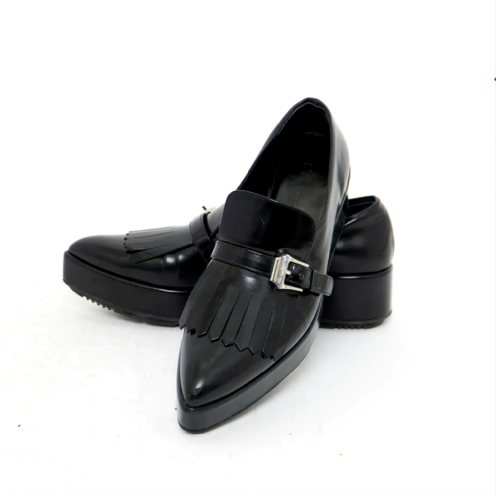 Prada Black Leather Kiltie Loafers with Silver Buckle